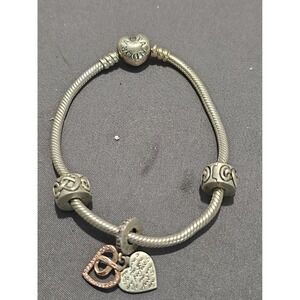 Pandora Sterling Silver Bracelet With 14K Gold  Charm Size 7.1" w 5 charms